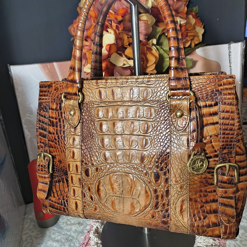 Brahmin Toasted Almond Collection Croc Embossed Leather Satchel Handbag